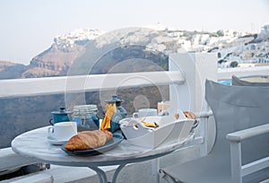 Breakfast table setting with mountain view