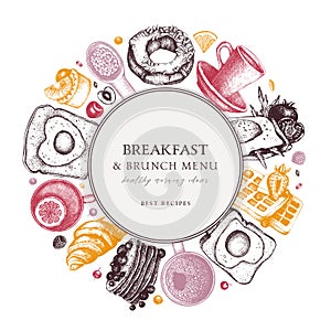 Breakfast table wreath in color. Morning food and hot drinks menu vector frame. Breakfast and brunch dishes background. Vintage