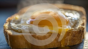 A breakfast tableau of golden-brown fried eggs nestled on a toastedbread.