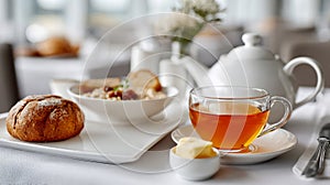 Breakfast with tea, pastry, oatmeal on a white table setting.