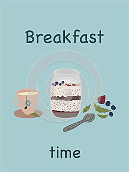 Breakfast time banner with porridge yogurt and berries with green tea