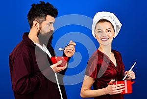 Breakfast time. Happy couple eating. Loving couple having breakfast.