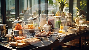 Breakfast Time in Luxury Hotel, Brunch with Family in Restaurant, Buffet Concept