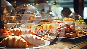 Breakfast Time in Luxury Hotel, Brunch with Family in Restaurant, Buffet Concept