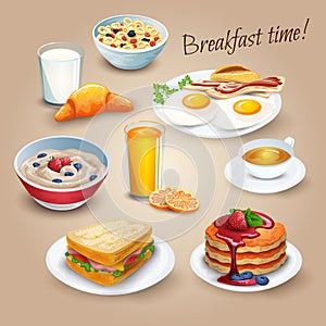 Breakfast time realistic pictograms poster