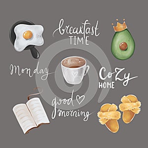 Breakfast time, Set of Illustrations, Stickers, Digital sketch, Raster illustration