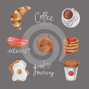 Breakfast time, Set of Illustrations, Stickers, Digital sketch, Raster illustration