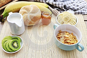 Breakfast time: soft-boiled egg, french croissants, muesli bars, milk