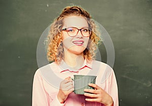 Breakfast time. woman with coffee cup at blackboard. good morning. girl refreshing with tea drink. energy and vigor