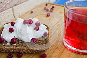 Breakfast with toast with creamcheese berries photo