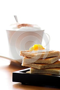 Breakfast toast with marmelade and coffee photo