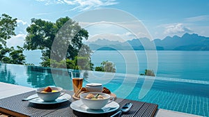 Breakfast tray in infinity swimming pool in resort, floating breakfast in luxury hotel with sea view. Exotic summer travel,