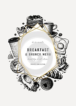 Raňajky moderné dizajn. ráno jedlo a nápoje rámik abstraktné prvky a zlatý fólie. raňajky a olovrant náčrtky 