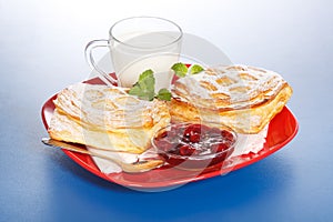 Breakfast: two sour cherry cakes, milk and jam on plate