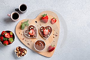 Breakfast for two, Valentines day food for couple in love with chocolate toasts and strawberry, web banner