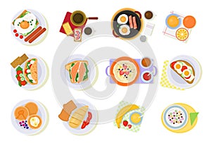 Breakfast vector coffee and fried eggs with croissant and fruits in the morning break illustration set of healthy food