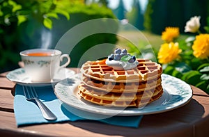 Breakfast of waffles, berries and tea in summer garden. view of rural idyll. Cozy and peaceful