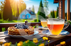 Breakfast of waffles, berries and tea in summer garden. view of rural idyll. Cozy and peaceful