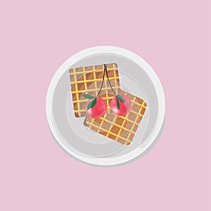 Breakfast of waffles with cherry berries on a white plate, top view