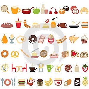 Breakfast on a white background. Coffee, cereals, fruits, vegetables and more.