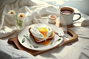 Breakfast on white bed sheets, good morning