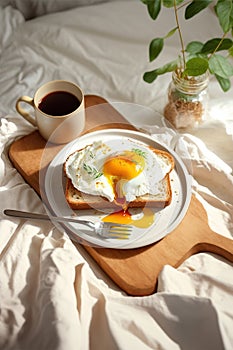 Breakfast on white bed sheets, good morning