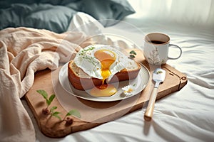 Breakfast on white bed sheets, good morning