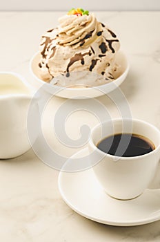 Breakfast whith white Coffe cup, milk and dessert/Breakfast whit