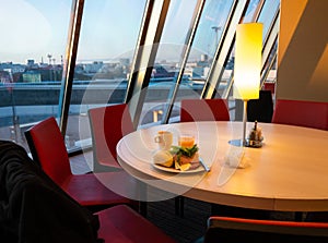 Breakfast at the window on board a cruise ferry in Port of Tallinn Estonia