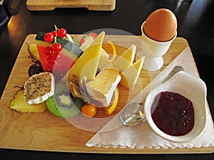 Breakfast on wooden plate