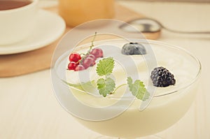 breakfast with yogurt and berries/breakfast with yogurt and berries ready to the use. selective focus