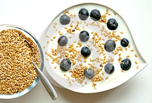 Breakfast with yogurt, blueberry and flax seeds