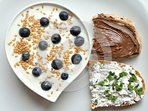 Breakfast with yogurt, blueberry and flax seeds