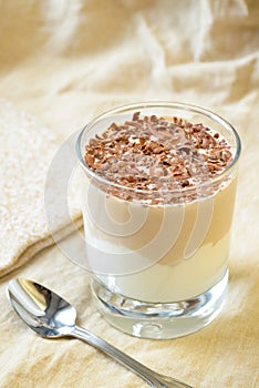 Breakfest - coffee dessert with yogurt and chocolate shavings