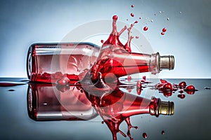 Breaking bottle. Side view of breaking or smashed glass bottle spilling red liquid, studio background