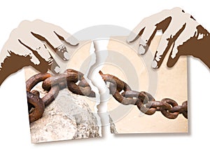 Breaking the chains - concept image with hands ripping photo of an old rusty metal chain