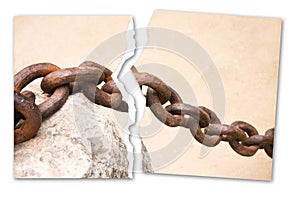 Breaking the chains - concept image with a ripped photo of an old rusty metal chain