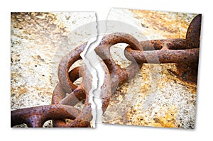 Breaking the chains - concept image with a ripped photo of an old rusty metal chain