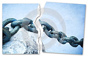 Breaking the chains - concept image with a ripped photo of an old rusty metal chain