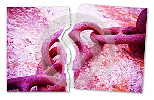 Breaking the chains - concept image with a ripped photo of an old rusty metal chain - toned image