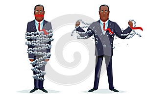 Breaking chains liberation heroic strength imprisoned release cartoon design character concept vector illustration photo