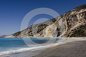 Breaking coastal line turquoise sea and mountain in myrtos beach
