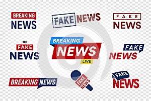 Breaking and fake news logo template on transparent background. Headline TV Stamp. World news vector illustration set.