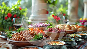 Breaking fast, iftar, and traditional Arabic Middle Eastern dishes during Eid al-Fitr.