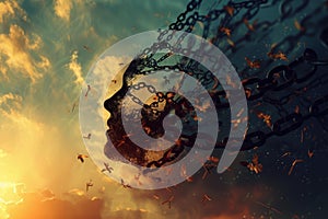 Breaking free: silhouette against sunset sky