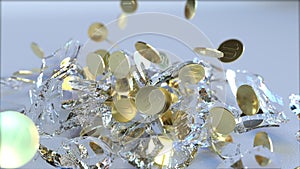 Breaking glass piggy bank full of coins. Crisis related conceptual 3D rendering