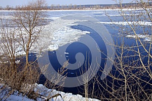 Breaking of the ice on the river in the spring