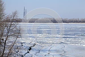 Breaking of the ice on the river in the spring