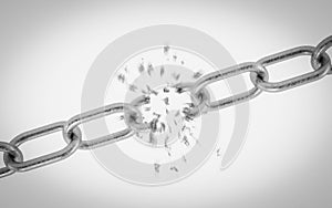 Breaking metal chain on white background 3d illustration render