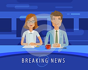 Breaking news. Anchorman on tv broadcast. Television, journalism, mass media concept. Vector flat illustration